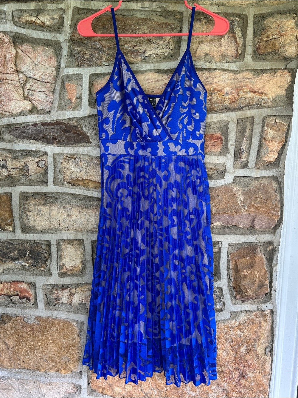 SHEIN Royal Blue Pleated Floral Lace Midi Dress size Small